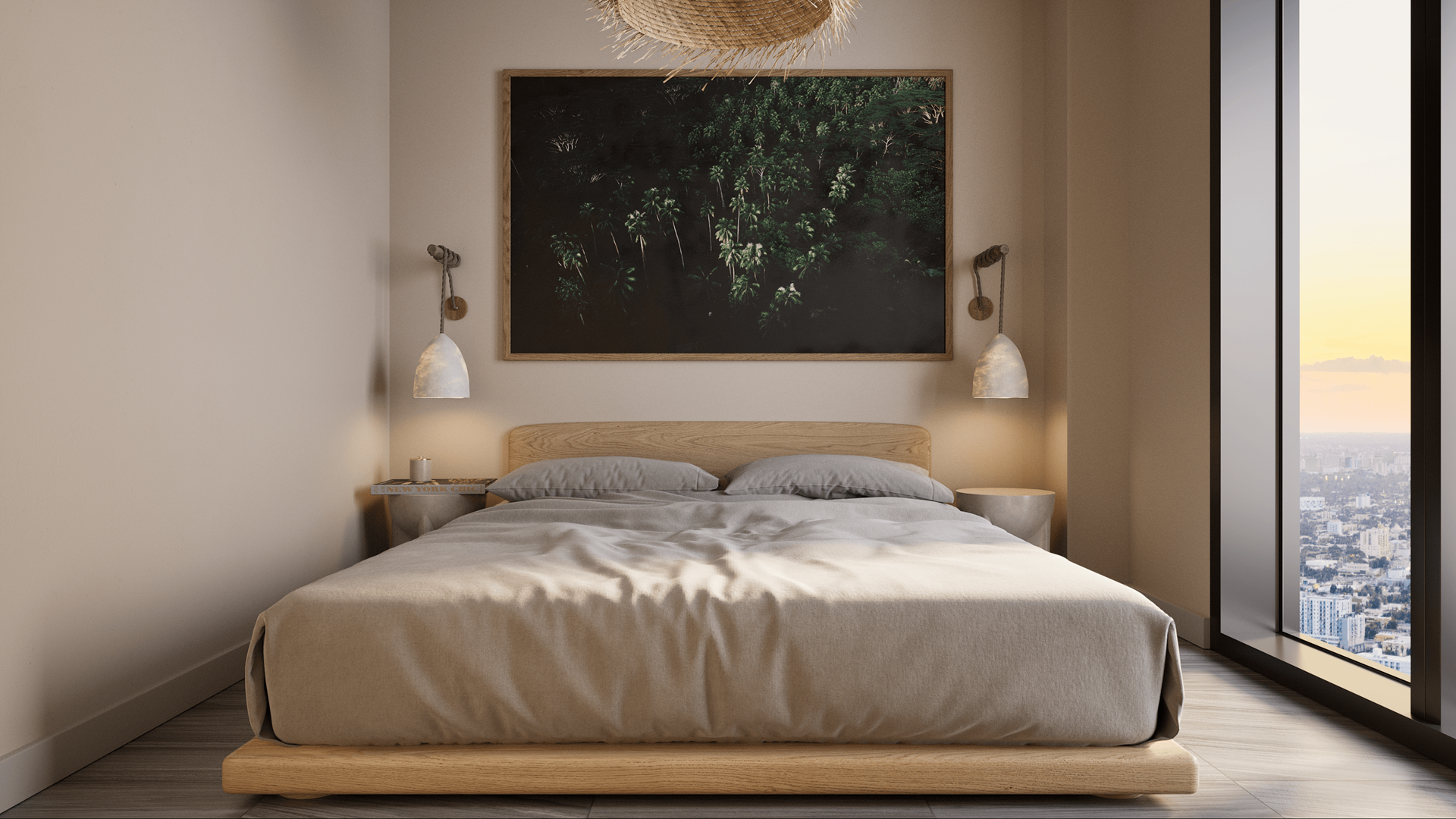 a bedroom with a bed and a painting on the wall